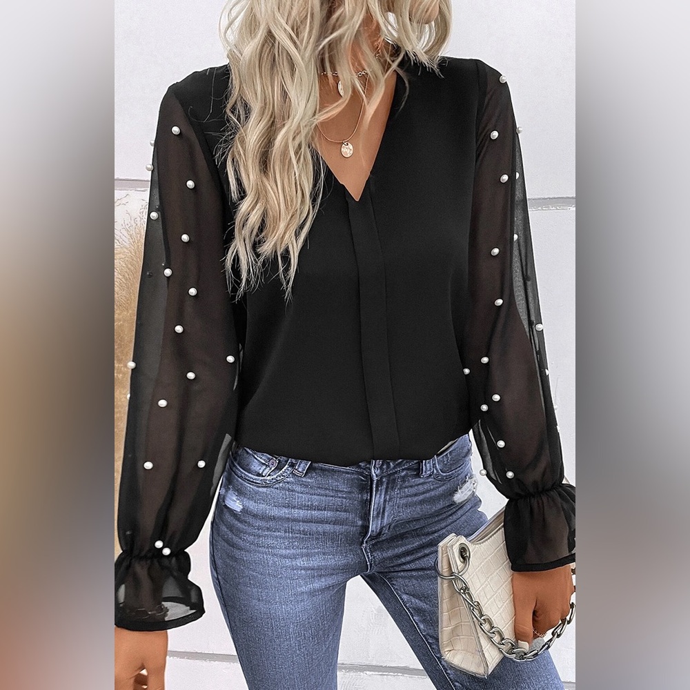 Black Pearl Mesh Flounce Sleeve V Neck Blouse - Picture 6 of 15